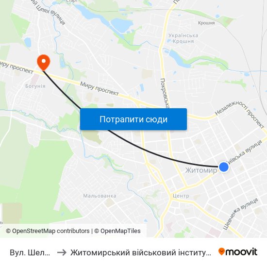 Вул. Шелушкова to Житомирський військовий інститут ім. С.П.Корольова map