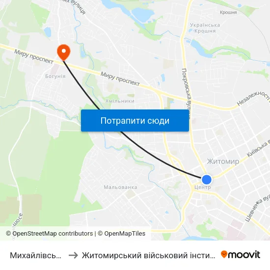 Михайлівський Собор to Житомирський військовий інститут ім. С.П.Корольова map