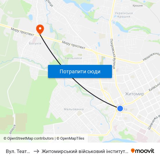 Вул. Театральна to Житомирський військовий інститут ім. С.П.Корольова map