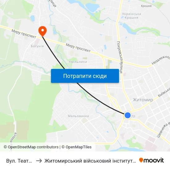 Вул. Театральна to Житомирський військовий інститут ім. С.П.Корольова map
