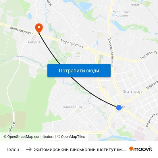 Телецентр to Житомирський військовий інститут ім. С.П.Корольова map