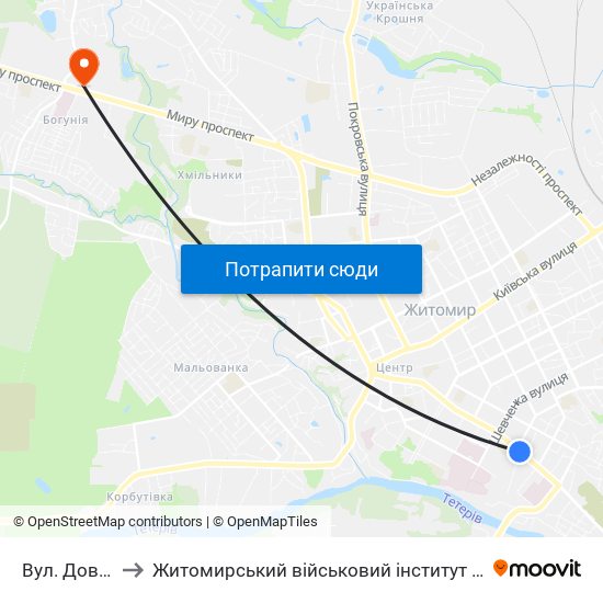 Вул. Довженка to Житомирський військовий інститут ім. С.П.Корольова map