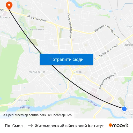 Пл. Смолянська to Житомирський військовий інститут ім. С.П.Корольова map