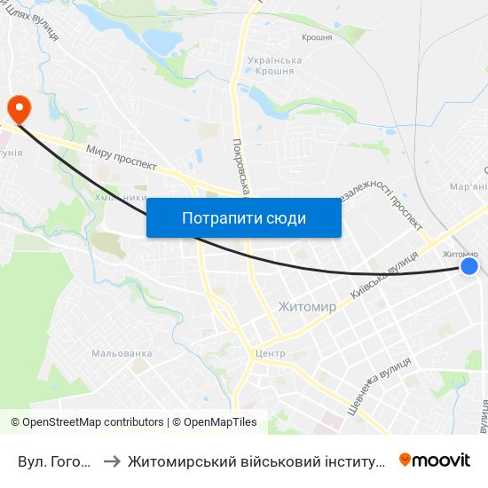 Вул. Гоголівська to Житомирський військовий інститут ім. С.П.Корольова map