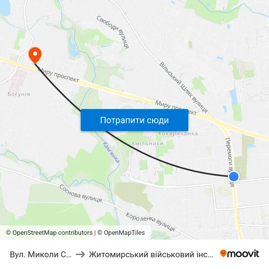 Вул. Миколи Сціборського to Житомирський військовий інститут ім. С.П.Корольова map