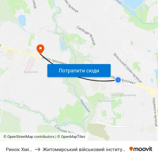 Ринок Хмільники to Житомирський військовий інститут ім. С.П.Корольова map