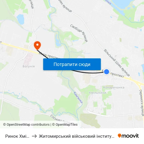 Ринок Хмільники to Житомирський військовий інститут ім. С.П.Корольова map