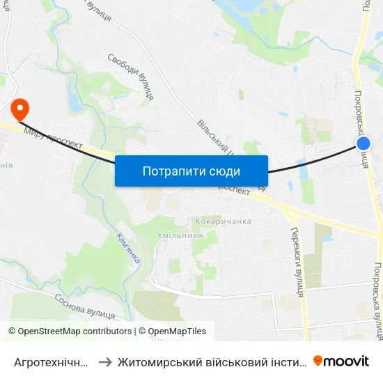 Агротехнічний Коледж to Житомирський військовий інститут ім. С.П.Корольова map
