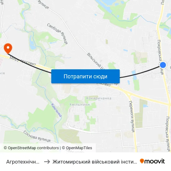 Агротехнічний Коледж to Житомирський військовий інститут ім. С.П.Корольова map