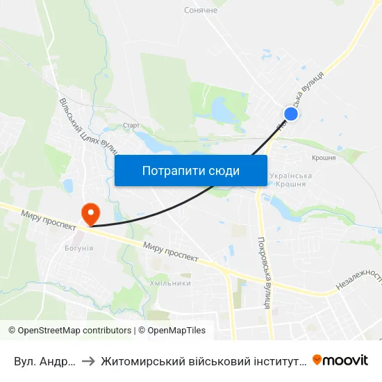 Вул. Андріївська to Житомирський військовий інститут ім. С.П.Корольова map