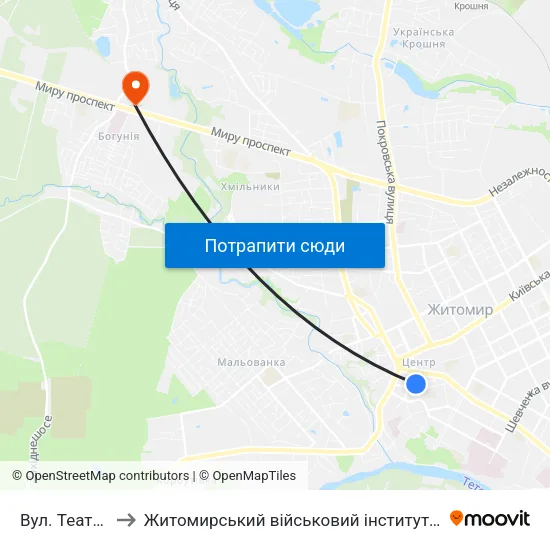 Вул. Театральна to Житомирський військовий інститут ім. С.П.Корольова map