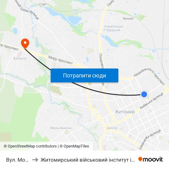 Вул. Монтана to Житомирський військовий інститут ім. С.П.Корольова map