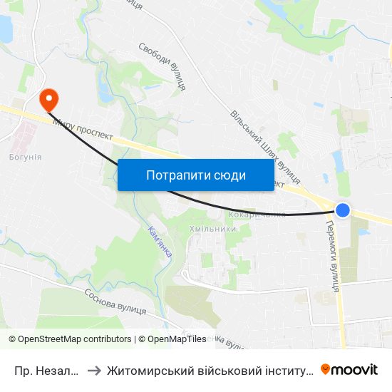 Пр. Незалежності to Житомирський військовий інститут ім. С.П.Корольова map