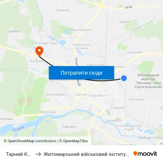 Тарний Комбінат to Житомирський військовий інститут ім. С.П.Корольова map