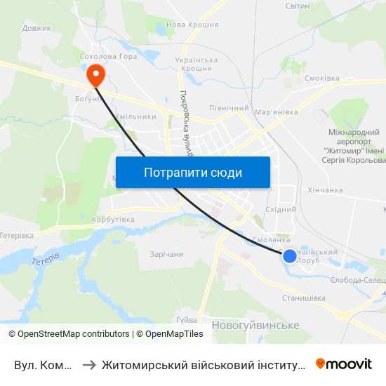 Вул. Комерційна to Житомирський військовий інститут ім. С.П.Корольова map