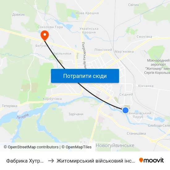 Фабрика Хутряних Виробів to Житомирський військовий інститут ім. С.П.Корольова map