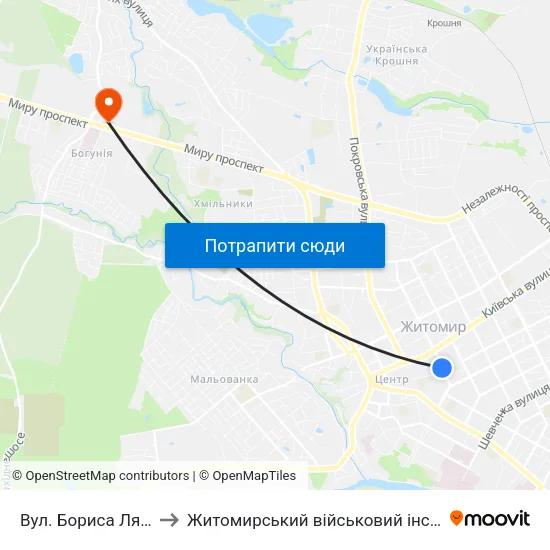 Вул. Бориса Лятошинського to Житомирський військовий інститут ім. С.П.Корольова map
