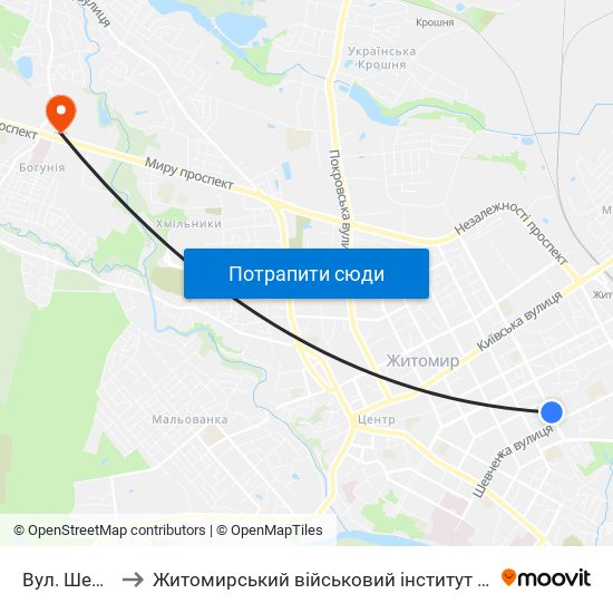 Вул. Шевченка to Житомирський військовий інститут ім. С.П.Корольова map