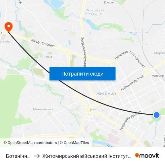 Ботанічний Сад to Житомирський військовий інститут ім. С.П.Корольова map