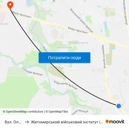 Вул. Ольжича to Житомирський військовий інститут ім. С.П.Корольова map