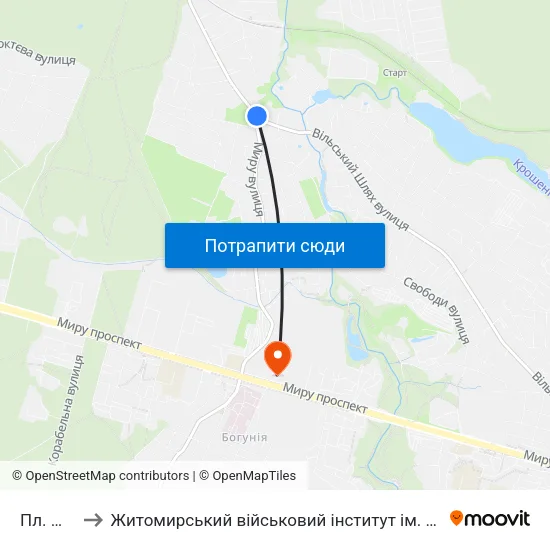 Пл. Миру to Житомирський військовий інститут ім. С.П.Корольова map