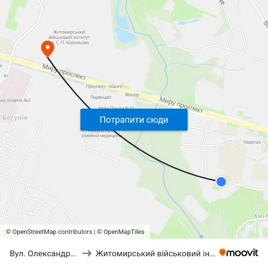 Вул. Олександра Клосовського to Житомирський військовий інститут ім. С.П.Корольова map