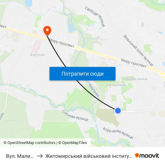 Вул. Маликова 12 to Житомирський військовий інститут ім. С.П.Корольова map