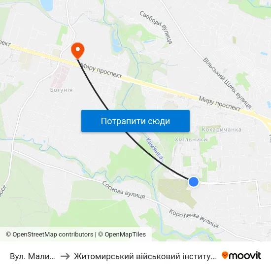 Вул. Маликова 12 to Житомирський військовий інститут ім. С.П.Корольова map