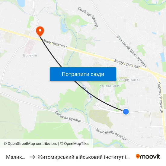 Маликова 6 to Житомирський військовий інститут ім. С.П.Корольова map