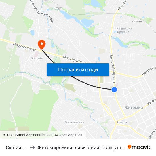 Сінний Ринок to Житомирський військовий інститут ім. С.П.Корольова map