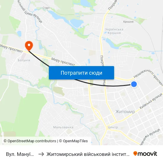 Вул. Мануїльського to Житомирський військовий інститут ім. С.П.Корольова map