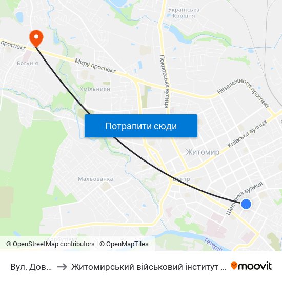 Вул. Довженка to Житомирський військовий інститут ім. С.П.Корольова map