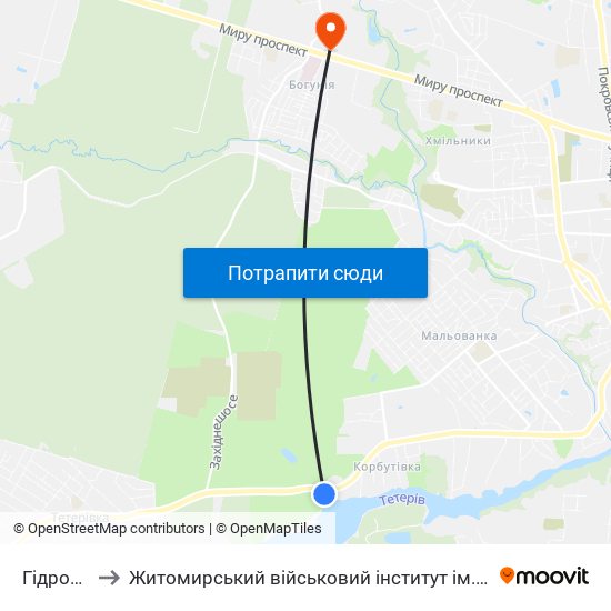 Гідропарк to Житомирський військовий інститут ім. С.П.Корольова map