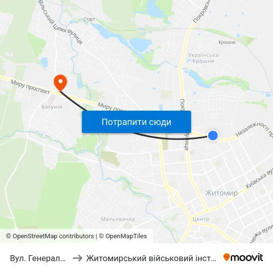 Вул. Генерала Потапова to Житомирський військовий інститут ім. С.П.Корольова map