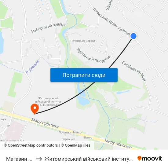 Магазин Берізка to Житомирський військовий інститут ім. С.П.Корольова map
