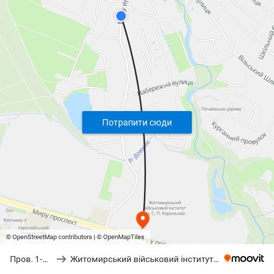 Пров. 1-Й Миру to Житомирський військовий інститут ім. С.П.Корольова map