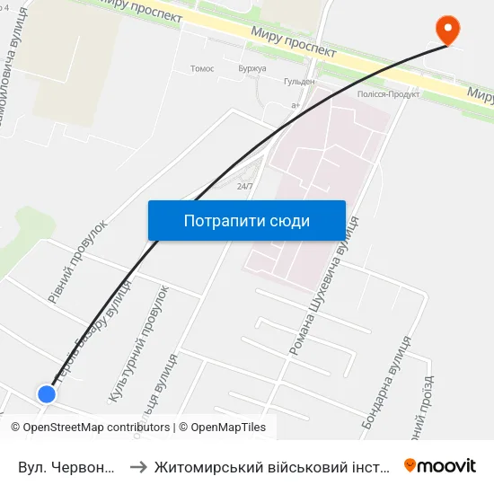 Вул. Червоноармійська to Житомирський військовий інститут ім. С.П.Корольова map