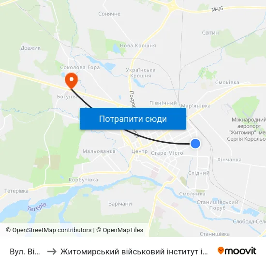 Вул. Вітрука to Житомирський військовий інститут ім. С.П.Корольова map