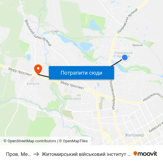 Пров. Медовий to Житомирський військовий інститут ім. С.П.Корольова map