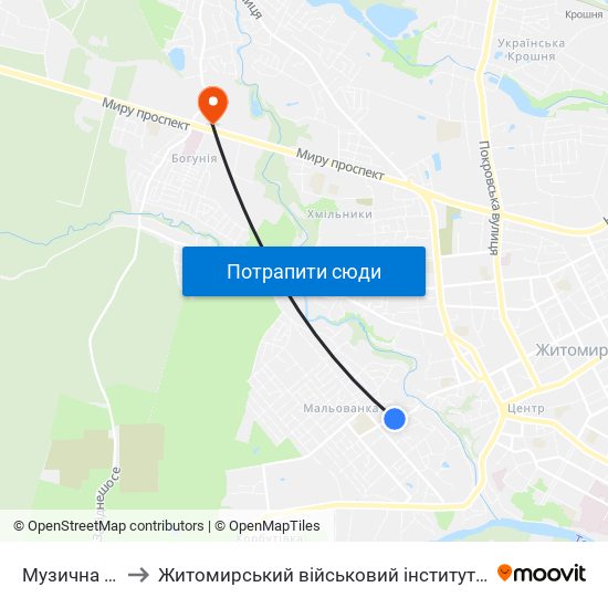 Музична Школа to Житомирський військовий інститут ім. С.П.Корольова map