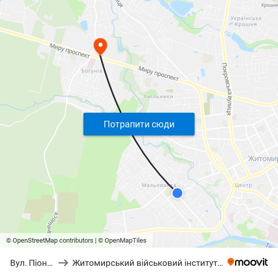 Вул. Піонерська to Житомирський військовий інститут ім. С.П.Корольова map