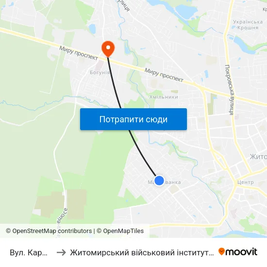 Вул. Кармелюка to Житомирський військовий інститут ім. С.П.Корольова map