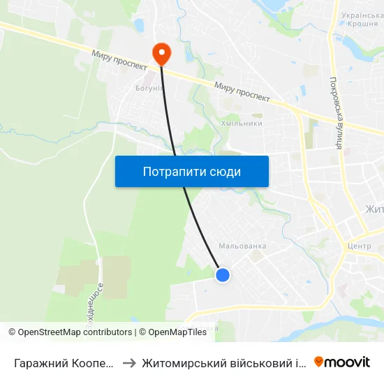 Гаражний Кооператив Корбутівка to Житомирський військовий інститут ім. С.П.Корольова map