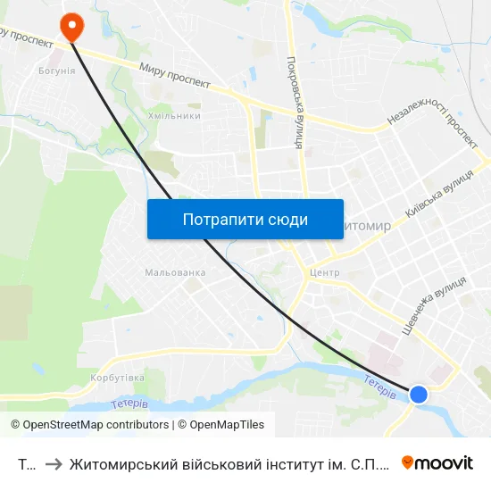 Тес to Житомирський військовий інститут ім. С.П.Корольова map