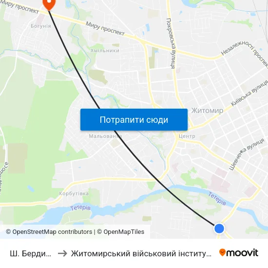 Ш. Бердичівське to Житомирський військовий інститут ім. С.П.Корольова map