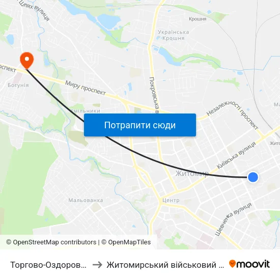 Торгово-Оздоровчий Центр Східний to Житомирський військовий інститут ім. С.П.Корольова map