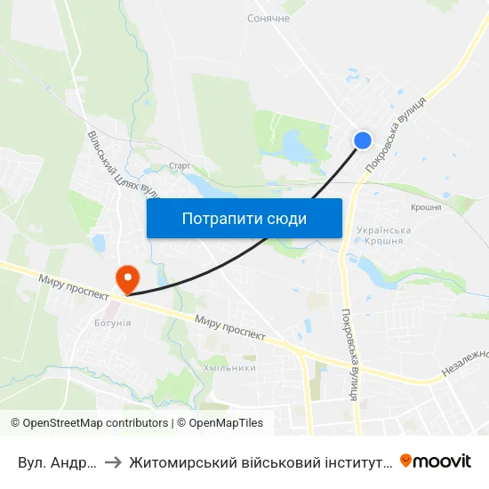 Вул. Андріївська to Житомирський військовий інститут ім. С.П.Корольова map