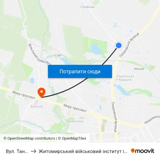 Вул. Танкістів to Житомирський військовий інститут ім. С.П.Корольова map
