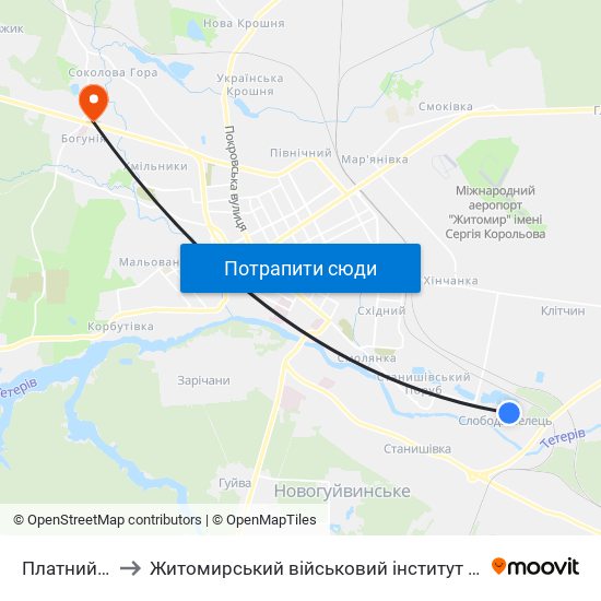 Платний Пляж to Житомирський військовий інститут ім. С.П.Корольова map