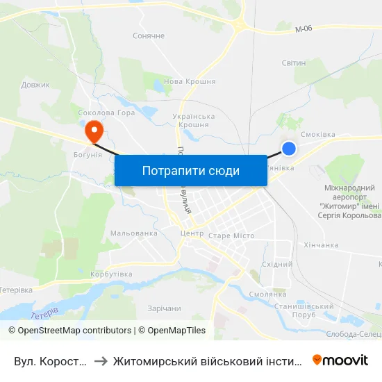 Вул. Коростишівська to Житомирський військовий інститут ім. С.П.Корольова map